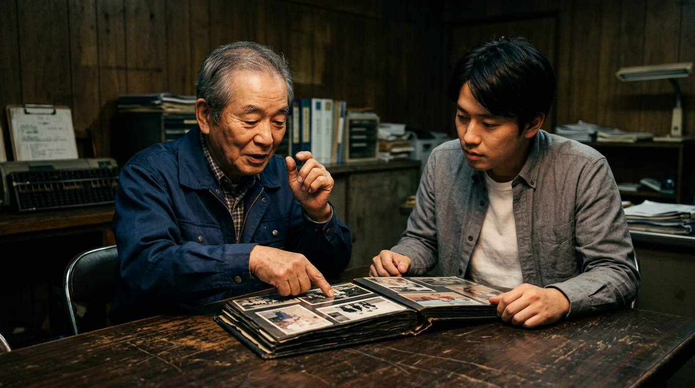 創業当時の写真を前に、当時を知る方から話をうかがう様子(イメージ)