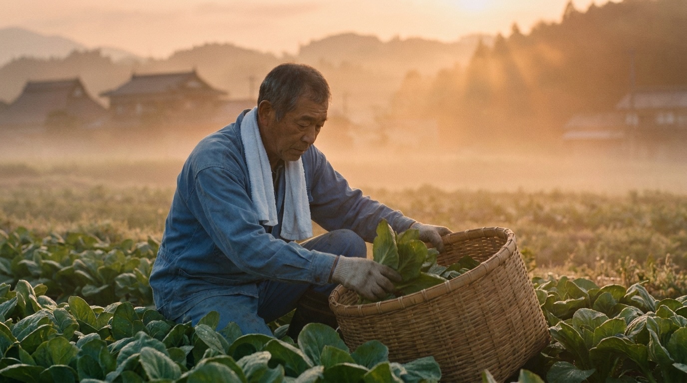 朝もやの畑で、葉もの野菜を収穫する生産者(イメージ)