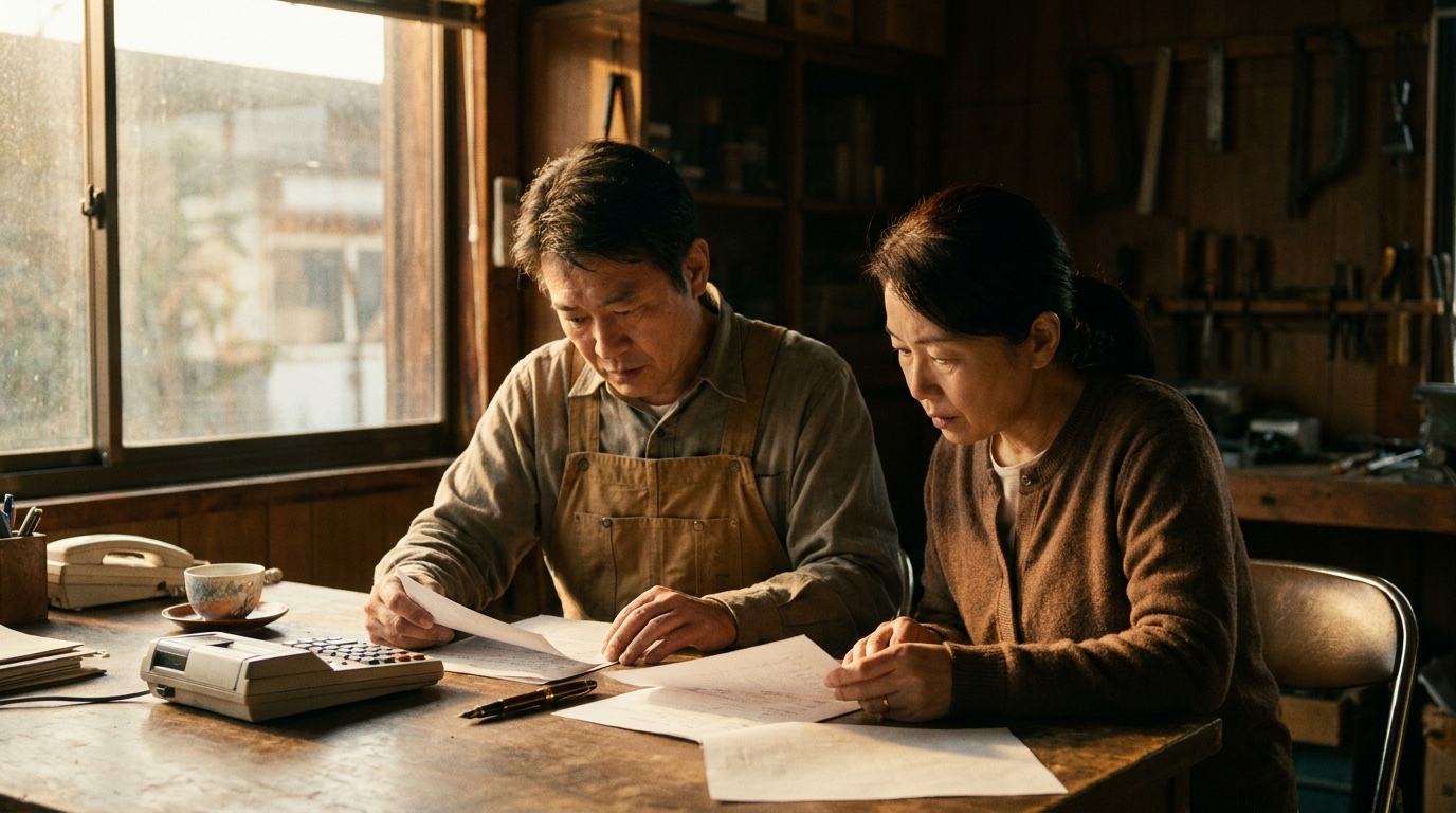 工房の机で、見積書と計画を見ながら相談する経営者(イメージ)